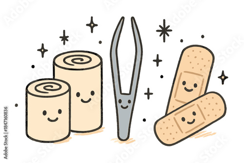 Cheerful Medical Supplies. Adorable doodle composition of cheerful medical supplies — gauze rolls, tweezers, and plasters —