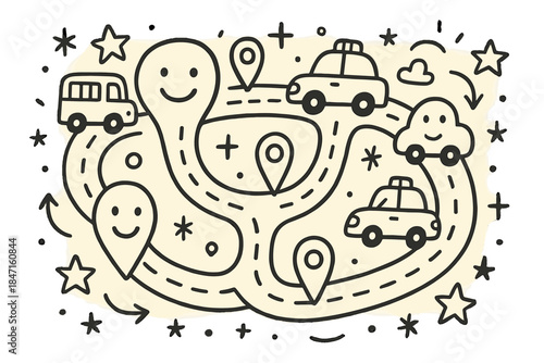 Whimsical City Routes. Whimsical doodle of a city route planner with cute vehicles, GPS pins, and roads shaped like smiling faces,