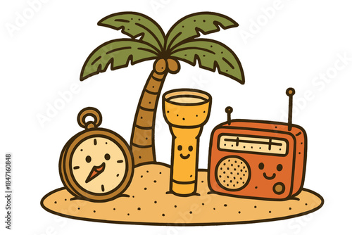 Survival Gadgets Smiling. Cute doodle illustration of a desert island survival gadget collection with smiling compass, flashlight,