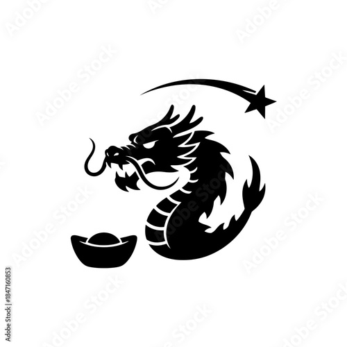 Lunar New Year dragon silhouette tight crop focusing head horns lunging forward soaring design three vector illustration