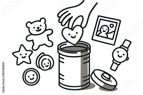 Time Capsule Treasures. Charming doodle art of the time capsule creation process — little smiling treasures being selected and