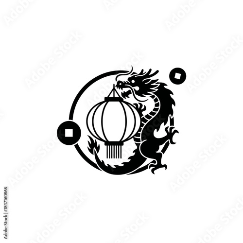 Lunar New Year dragon silhouette three quarter close curling protectively around lantern modern design two vector illustration