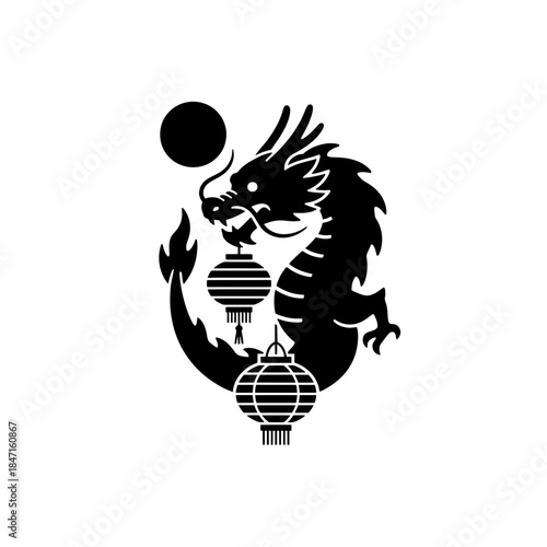 Lunar New Year dragon silhouette three quarter close curling protectively around lantern modern design one vector illustration