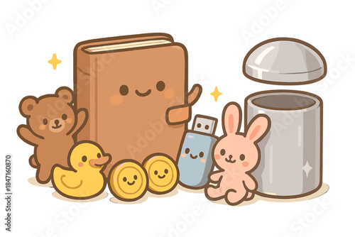 Time Capsule Treasures. Adorable doodle scene of cheerful items — diary, toys, coins, and USB stick — gathering together to be