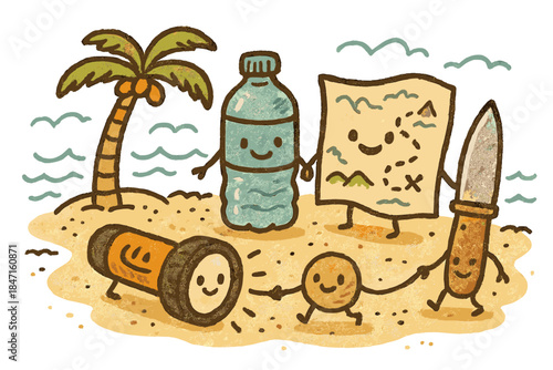 Tropical Gear Cooperation. Delightful doodle of cute tropical survival kit layout with anthropomorphic gear pieces cooperating on