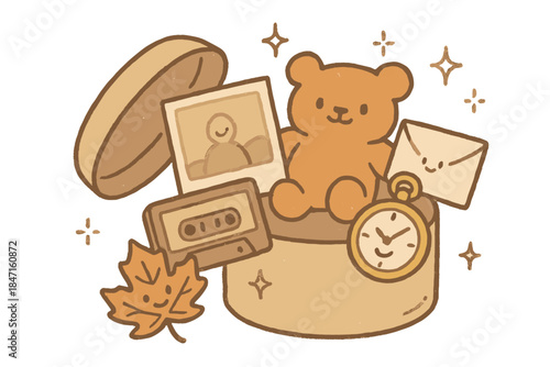 Time Capsule Treasures. Cute doodle infographic-style art of time capsule curation with anthropomorphic mementos and doodly