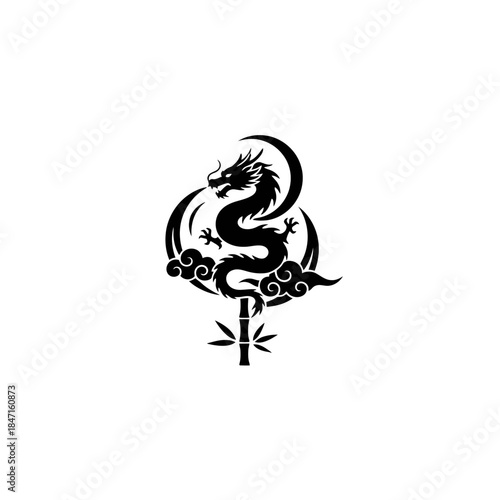 Lunar New Year dragon silhouette side profile close coiling curve mystical moonlit atmosphere design three vector illustration