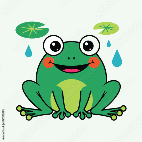 Happy cartoon frog sitting peacefully with rain and lily pads