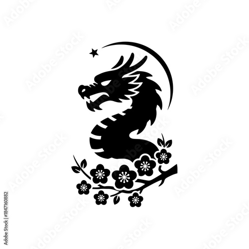 Lunar New Year dragon silhouette side profile close coiling curve mystical moonlit atmosphere design one vector illustration