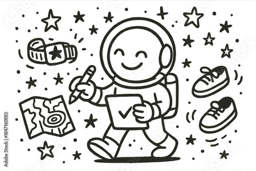 Cosmic Traveler Essentials. Fun doodle illustration of a cosmic traveler checking off items like teleportation band, dimensional