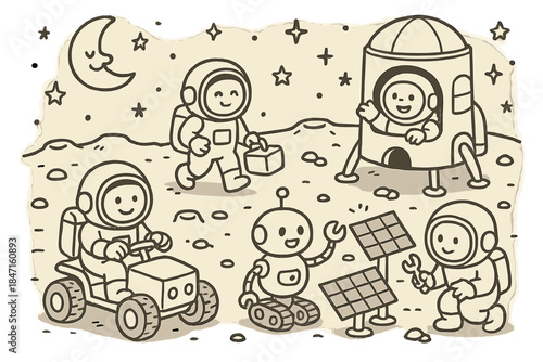 Moon Base Harmony. Cute doodle illustration of a moon base daily routine with smiling astronauts, lunar rovers, and robots working