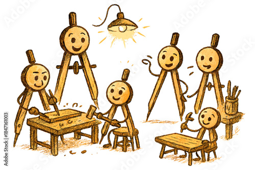 Crafting Compass Workshop. Playful doodle composition showing friendly workshop filled with compasses at different crafting stages