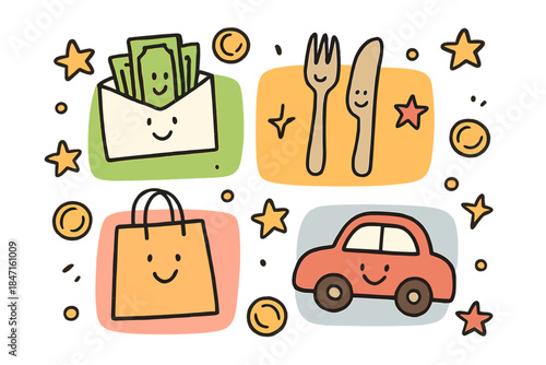 Smiling Budget Doodle. Charming doodle art of happy budget items organizing themselves into colorful sections surrounded by stars