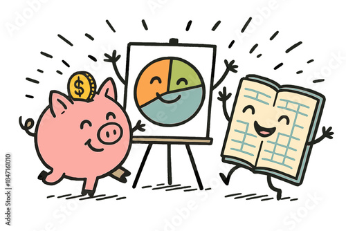 Finance Helpers Celebration. Fun doodle illustration of personal finance helpers — piggy bank, chart, and planner — celebrating