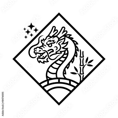 Lunar New Year dragon lineart three quarter close arching over bridge base modern design one vector illustration