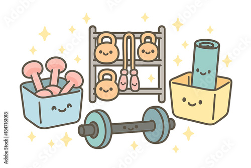Smiling Workout Tools. Whimsical doodle of cute workout tools smiling as they rest in storage bins and wall racks surrounded by