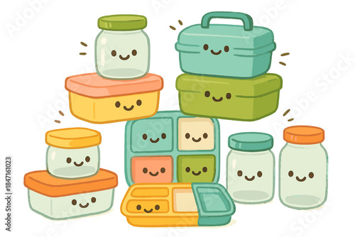 Cheerful Container Stack. Adorable doodle scene of cheerful containers — glass jars, lunch boxes, and bento trays — happily