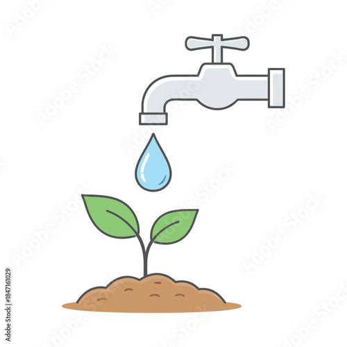 Watering a young plant from a faucet