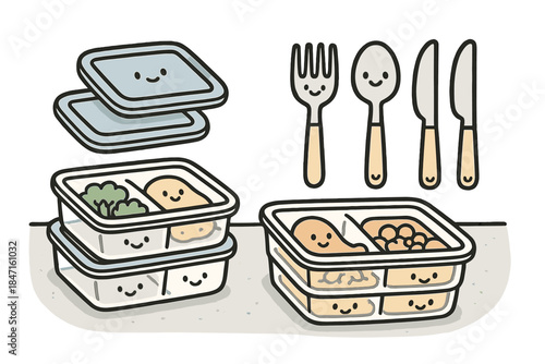 Cheerful Meal Prep Containers. Cute doodle illustration of a meal prep container organization system with smiling boxes, lids, and