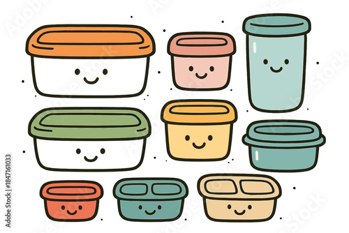 Cheerful Meal Prep. Cute doodle infographic-style artwork of an organized meal prep system — containers by size, color, and type —