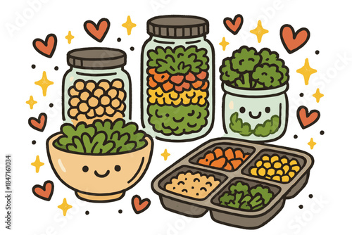 Meal Prep Doodle. Delightful doodle of happy meal prep jars, bowls, and trays grouped neatly by ingredients, surrounded by doodly
