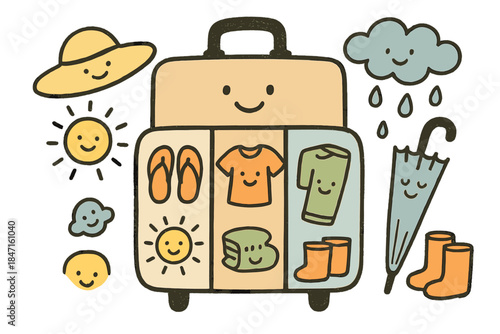 Travel Suitcase Doodle. Playful doodle composition showing friendly suitcase dividing sections for warm, cool, and rainy