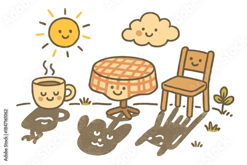 Whimsical Sunlit Shadows. Charming doodle art of a cozy outdoor scene where smiling objects cast funny shadows that shift as the