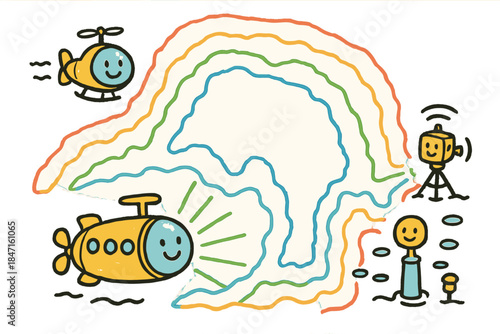 Joyful Submarine Exploration. Playful doodle composition showing happy submersibles and mapping sensors projecting colorful