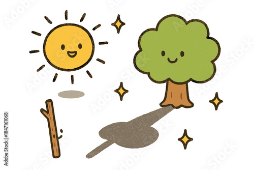 Cute Shadow Time-Telling. Fun doodle illustration of cute characters — sun, tree, and stick — demonstrating shadow length