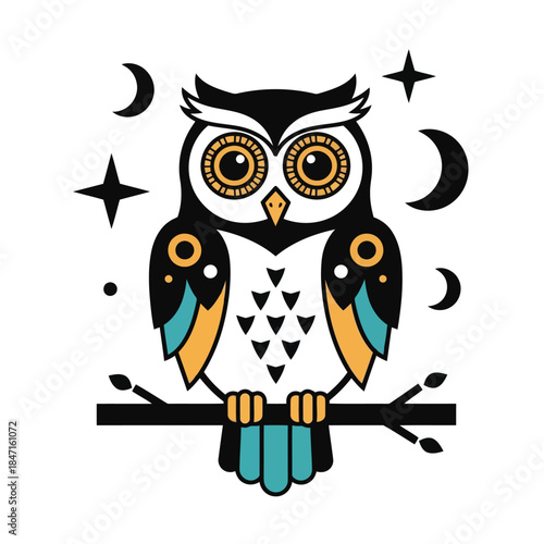Stylized owl illustration with mystical moon and stars