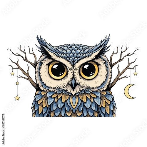 Mystical owl with big eyes and crescent moon decoration