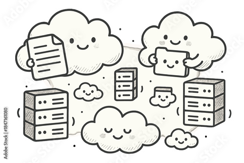 Happy Cloud Storage. Cute doodle illustration of cloud shape data storage visualization with smiling clouds holding digital files