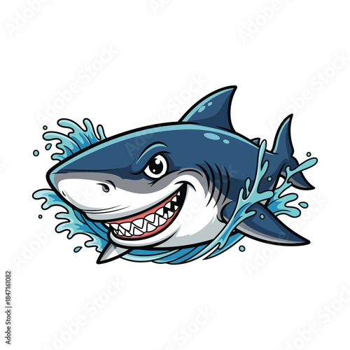 Cartoon shark with sharp teeth jumping out of water
