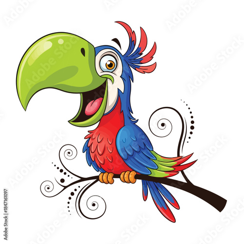 Colorful cartoon parrot perched on branch with decorative swirls