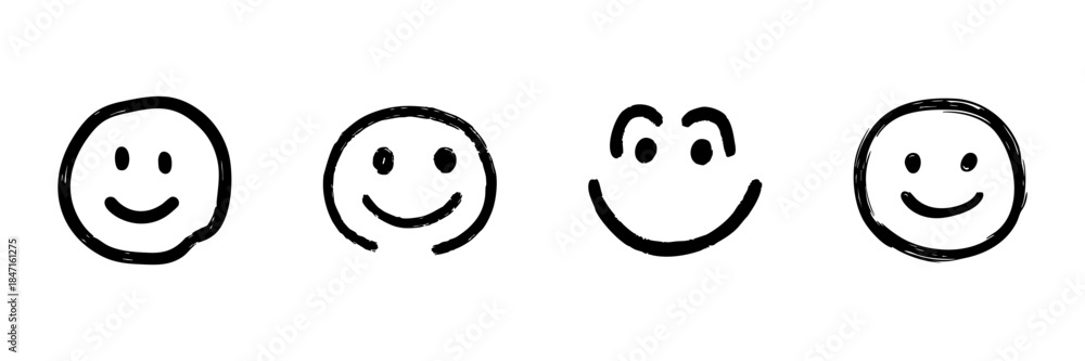 Fototapeta premium Smiley Face Line Icon Set In Doodle Style. Happiness, Positivity, And Emotional Expression Outline Sketch Collection. Hand Drawn Isolated Vector Illustration