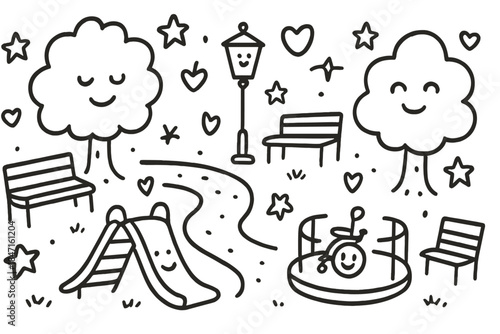 Joyful Park Doodle. Charming doodle art of joyful park environment with smiling trees, benches, and inclusive play areas