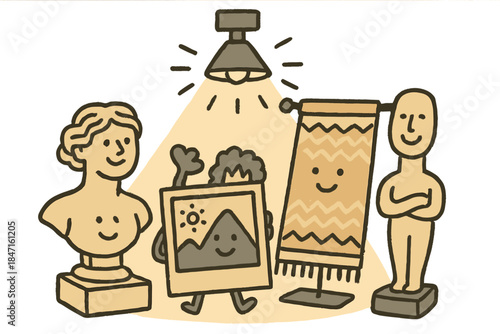 Museum Treasures at Rest. Playful doodle composition showing happy museum objects — sculptures, textiles, and photos — relaxing