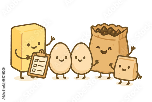 Cheerful Bakery Ingredients. Adorable doodle scene of cheerful bakery ingredients — butter, eggs, chocolate chips, and yeast —