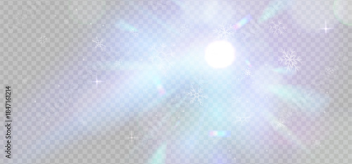 Winter snow with prism light dispersion overlay with cold light effect, transparent flares of crystal diamond. Prism light glares or lens flare spectrum of refraction or sun light sparkle. Vector