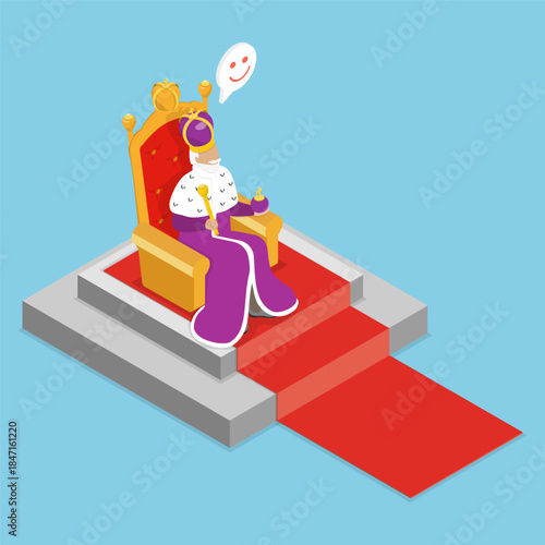 3D Isometric Flat Vector Illustration of King On Throne, Joyful Monarch Man