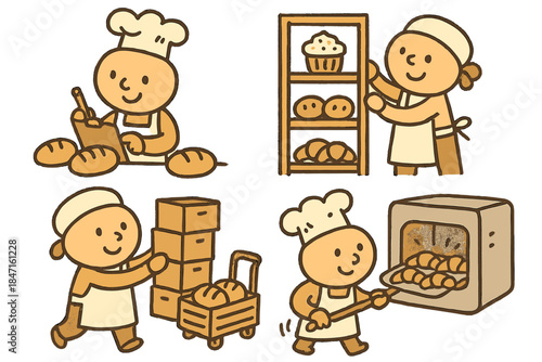 Bake Shop Inventory Management. Cute doodle infographic-style artwork of bakery inventory management — counting, storing,