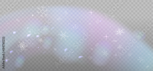 Cute falling snowflakes overlay with rainbow cold reflection highlights. Wintertime dust ice shapes. Snowfall sky blue transparent wallpaper. Fuzzy snowflakes new year theme. Snowy vector bg.