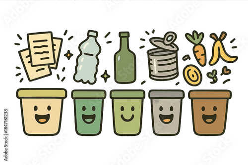 Joyful Recycling Icons. Cute doodle infographic-style artwork of recycling sorting system — paper, plastic, glass, metal, compost