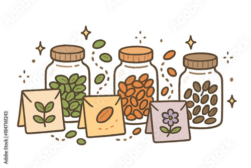 Colorful Seed Jars. Whimsical doodle of cute seed jars and envelopes organizing themselves by color and type with friendly labels