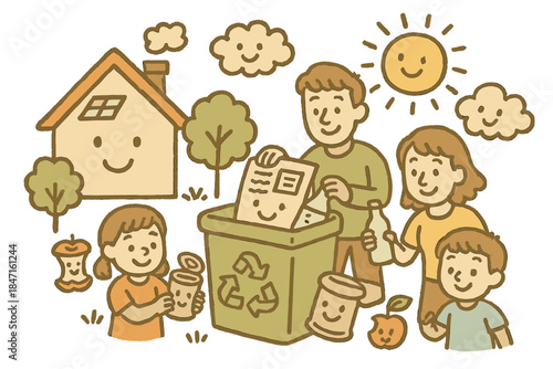 Eco-Friendly Family Doodle. Delightful doodle of an eco-friendly household where smiling family members and waste items work