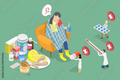 3D Isometric Flat Vector Illustration of Influenza, Young Girl With Quinsy Or Other Viral Cold Symptoms
