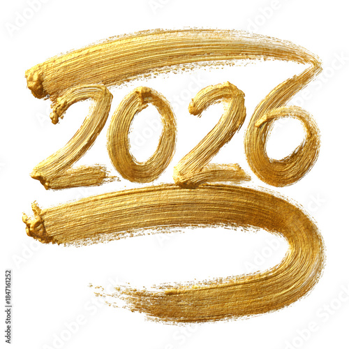 Golden 2026 Brushstroke, isolated on white background and isolated on transparent background