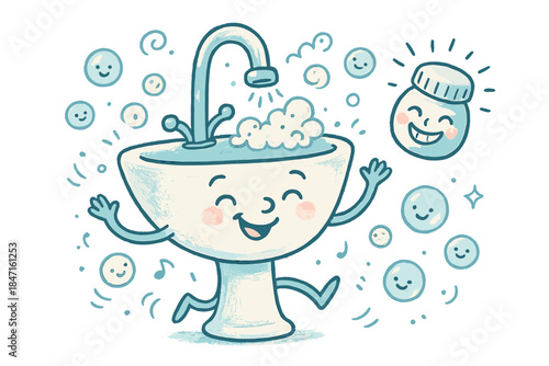 Cheerful Cleaning Dance. Whimsical doodle of a cheerful sink, dancing bubbles, and a grinning bottle cap reminding to clean and