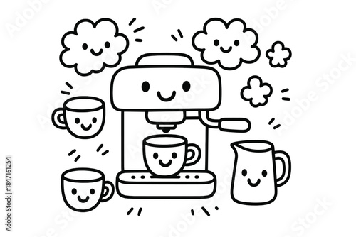 Cheerful Espresso Scene. Doodle-style vector art showing happy espresso machine surrounded by cups, milk frother, and cheerful