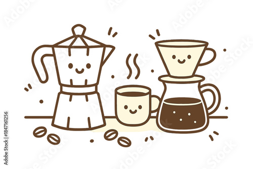 Cozy Coffee Doodle. Doodle-style vector illustration of cozy coffee brewing setup with smiling moka pot, dripper, and beans on
